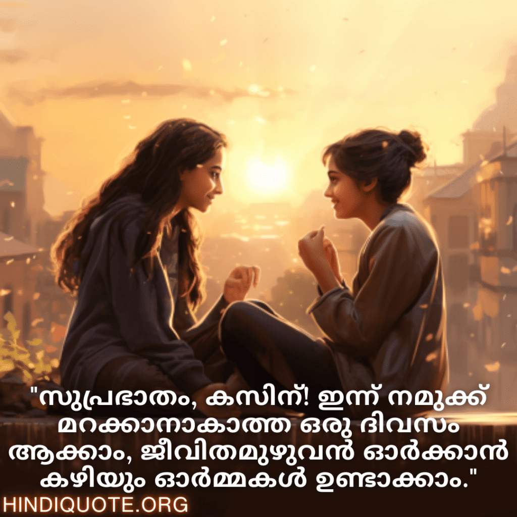 Good morning Wishes In Malayalam For Your Cousin "സുപ്രഭാതം, കസിന്‍! ഇന്ന് നമുക്ക് മറക്കാനാകാത്ത ഒരു ദിവസം ആക്കാം, ജീവിതമുഴുവൻ ഓർക്കാൻ കഴിയും ഓർമ്മകൾ ഉണ്ടാക്കാം."
