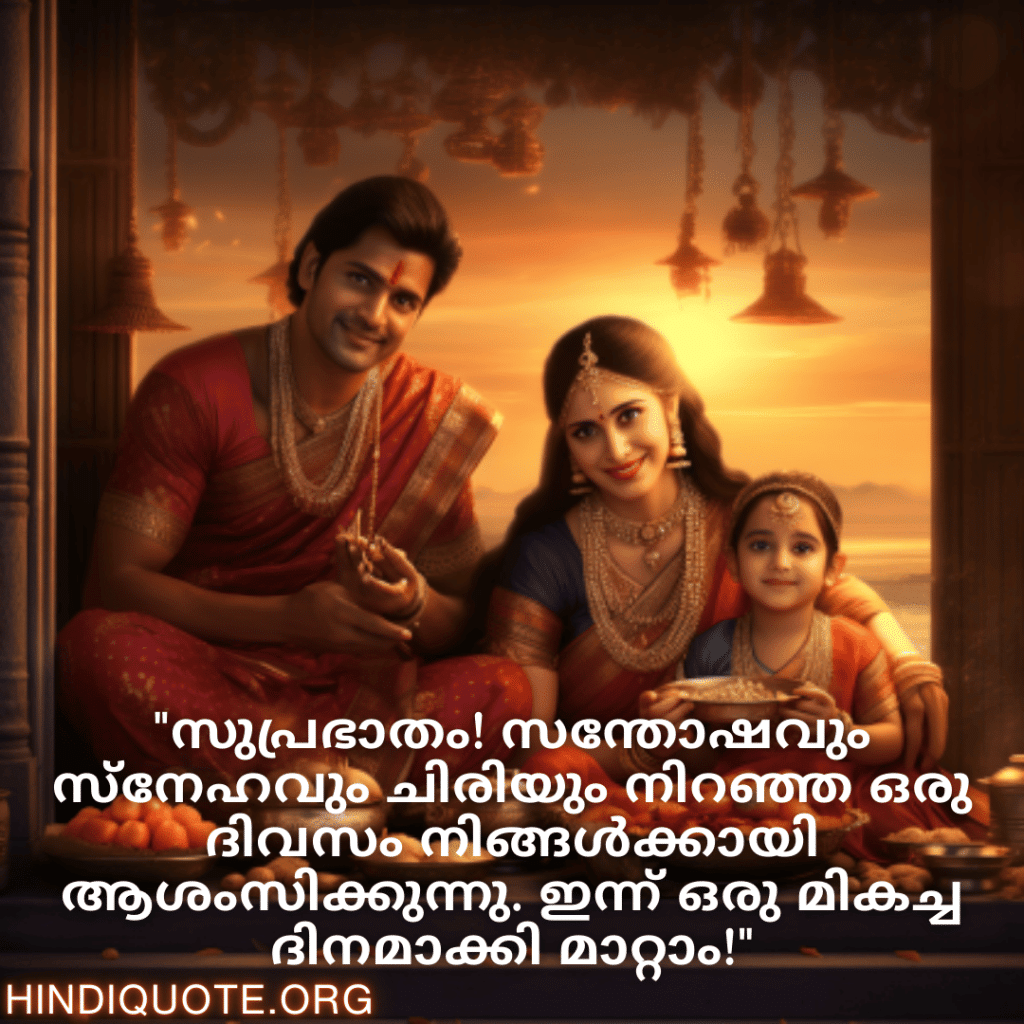 Good morning Quotes In Malayalam For Family "സുപ്രഭാതം! സന്തോഷവും സ്നേഹവും ചിരിയും നിറഞ്ഞ ഒരു ദിവസം നിങ്ങൾക്കായി ആശംസിക്കുന്നു. ഇന്ന് ഒരു മികച്ച ദിനമാക്കി മാറ്റാം!"