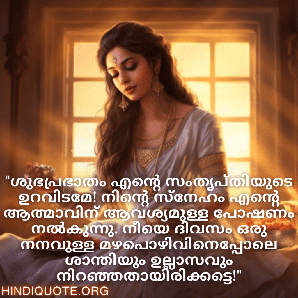 Good morning Quotes In Malayalam For Your Girlfriend "ശുഭപ്രഭാതം എന്റെ സംതൃപ്തിയുടെ ഉറവിടമേ! നിന്റെ സ്നേഹം എന്റെ ആത്മാവിന് ആവശ്യമുള്ള പോഷണം നൽകുന്നു. നീയെ ദിവസം ഒരു നനവുള്ള മഴപൊഴിവിനെപ്പോലെ ശാന്തിയും ഉല്ലാസവും നിറഞ്ഞതായിരിക്കട്ടെ!"