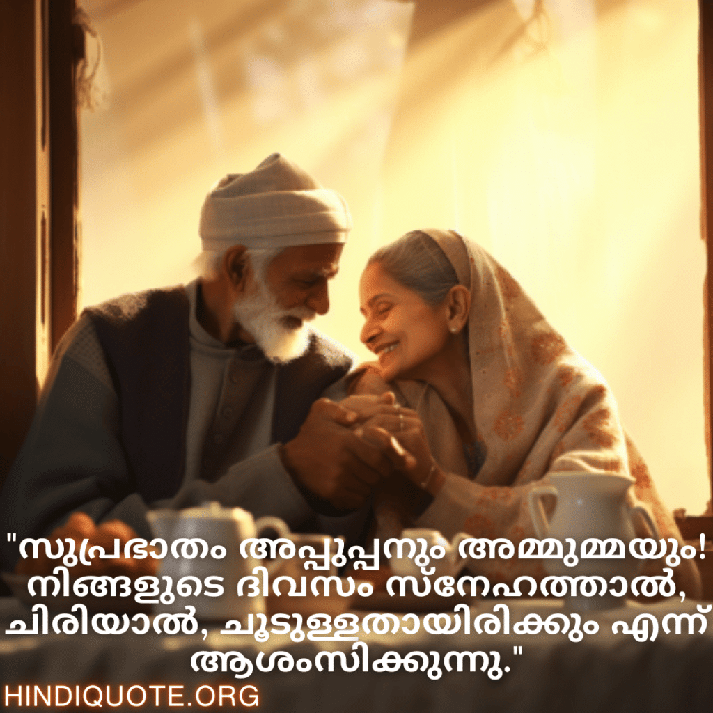Good morning Wishes In Malayalam For Grandparents "സുപ്രഭാതം അപ്പുപ്പനും അമ്മുമ്മയും! നിങ്ങളുടെ ദിവസം സ്നേഹത്താൽ, ചിരിയാൽ, ചൂടുള്ളതായിരിക്കും എന്ന് ആശംസിക്കുന്നു."