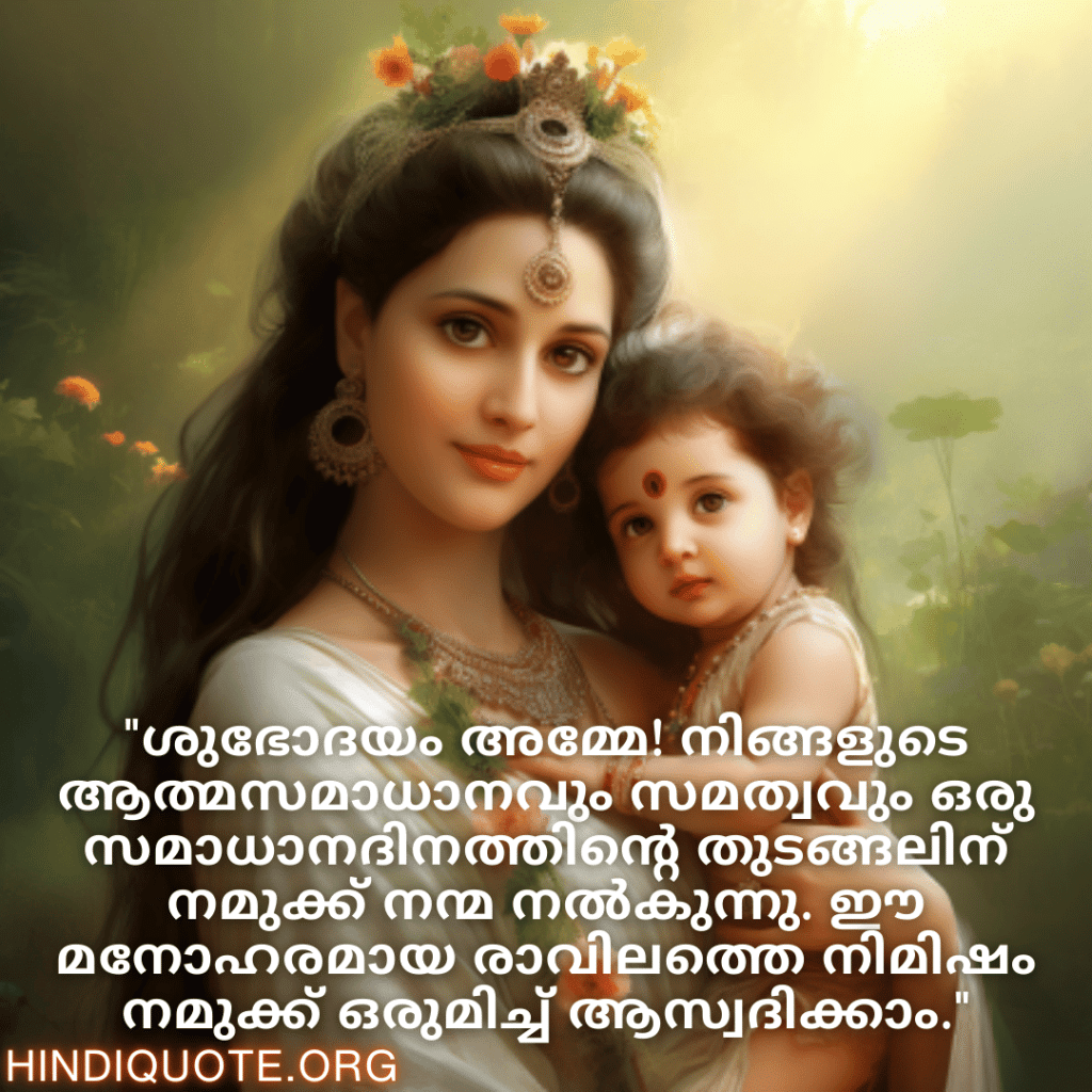Good morning Wishes In Malayalam For Your Mother "ശുഭോദയം അമ്മേ! നിങ്ങളുടെ ശക്തിയും സഹനശീലതയും ഞങ്ങളെ ധൈര്യത്തോടെയും ദൃഢനിശ്ചയത്തോടെയും ദിനം നേരിടാന്‍ പ്രചോദിപ്പിക്കുന്നു."