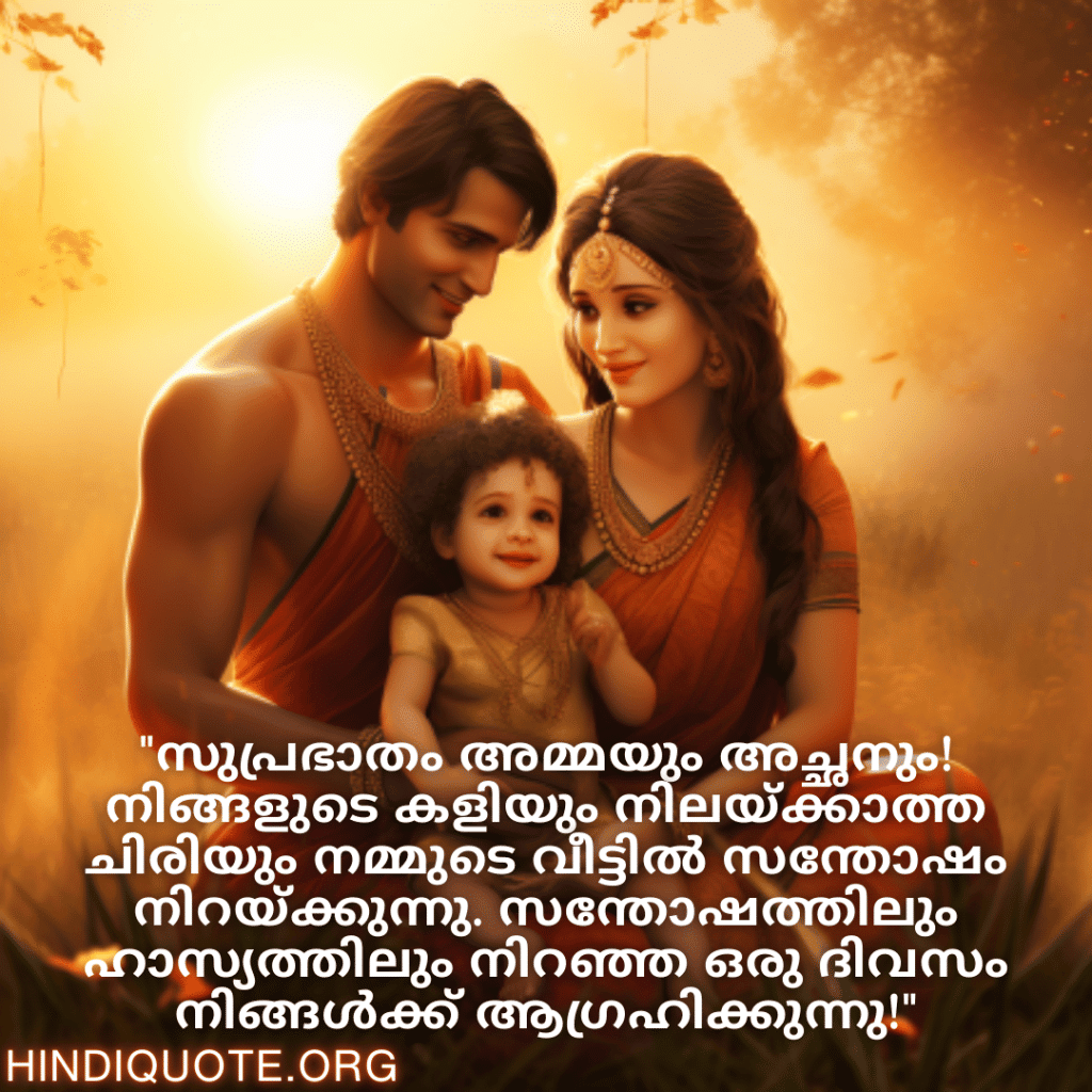Good morning Wishes In Malayalam For Your Parents "സുപ്രഭാതം അമ്മയും അച്ഛനും! നിങ്ങളുടെ കളിയും നിലയ്ക്കാത്ത ചിരിയും നമ്മുടെ വീട്ടിൽ സന്തോഷം നിറയ്ക്കുന്നു. സന്തോഷത്തിലും ഹാസ്യത്തിലും നിറഞ്ഞ ഒരു ദിവസം നിങ്ങൾക്ക് ആഗ്രഹിക്കുന്നു!"
