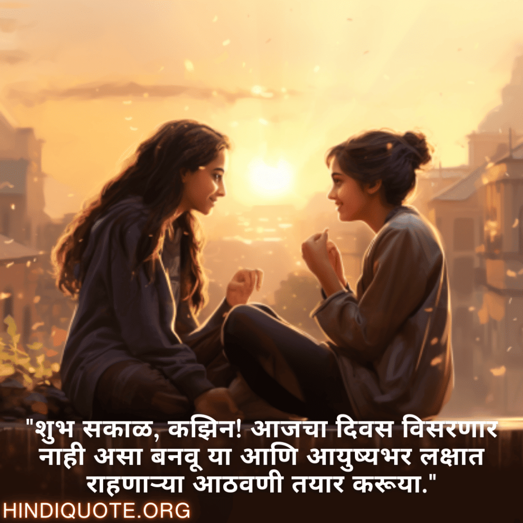 Good morning Wishes In Marathi For Your Cousin "शुभ सकाळ, कझिन! आजचा दिवस विसरणार नाही असा बनवू या आणि आयुष्यभर लक्षात राहणाऱ्या आठवणी तयार करूया."