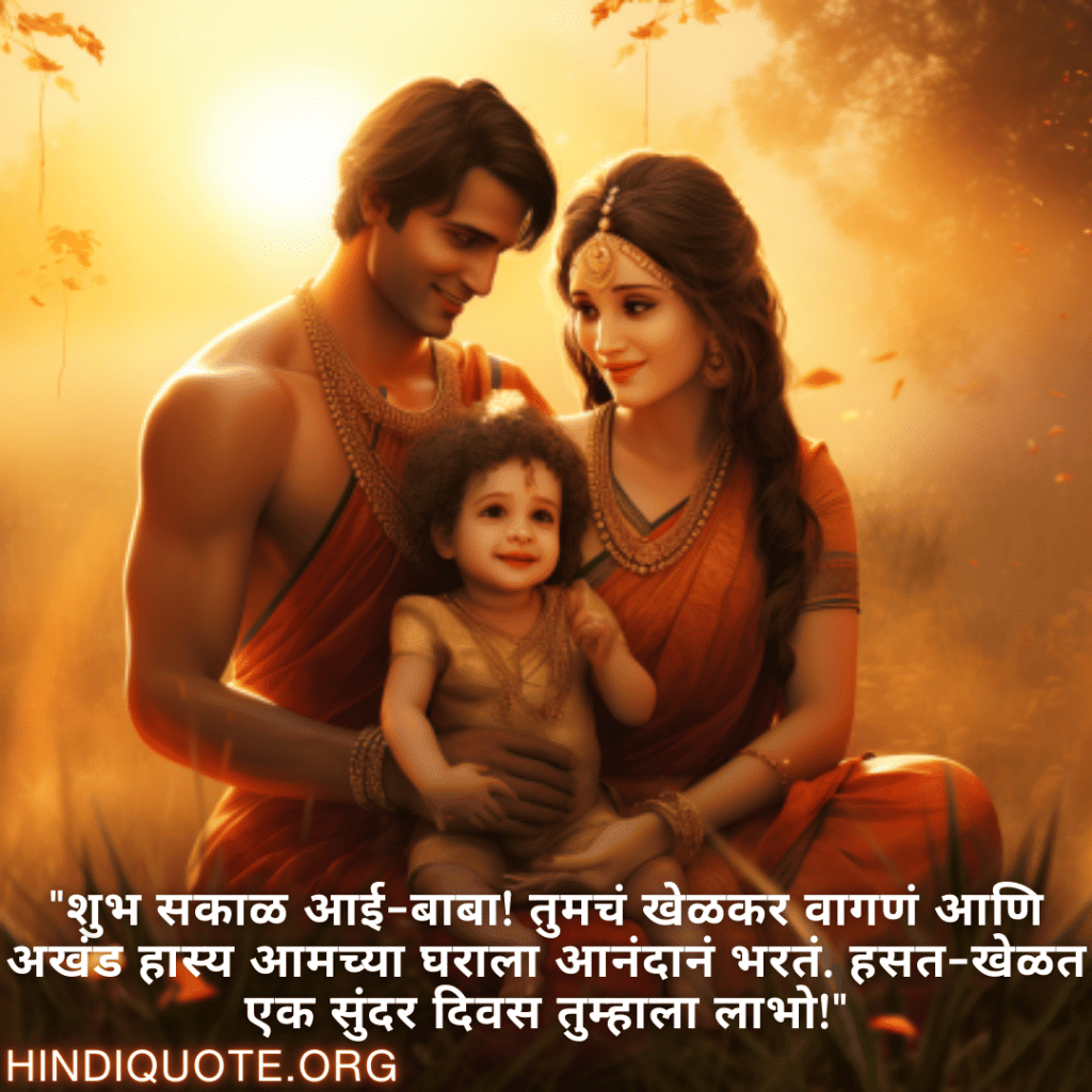 Good morning Wishes In Marathi For Your Parents "शुभ सकाळ आई-बाबा! तुमचं खेळकर वागणं आणि अखंड हास्य आमच्या घराला आनंदानं भरतं. हसत-खेळत एक सुंदर दिवस तुम्हाला लाभो!"