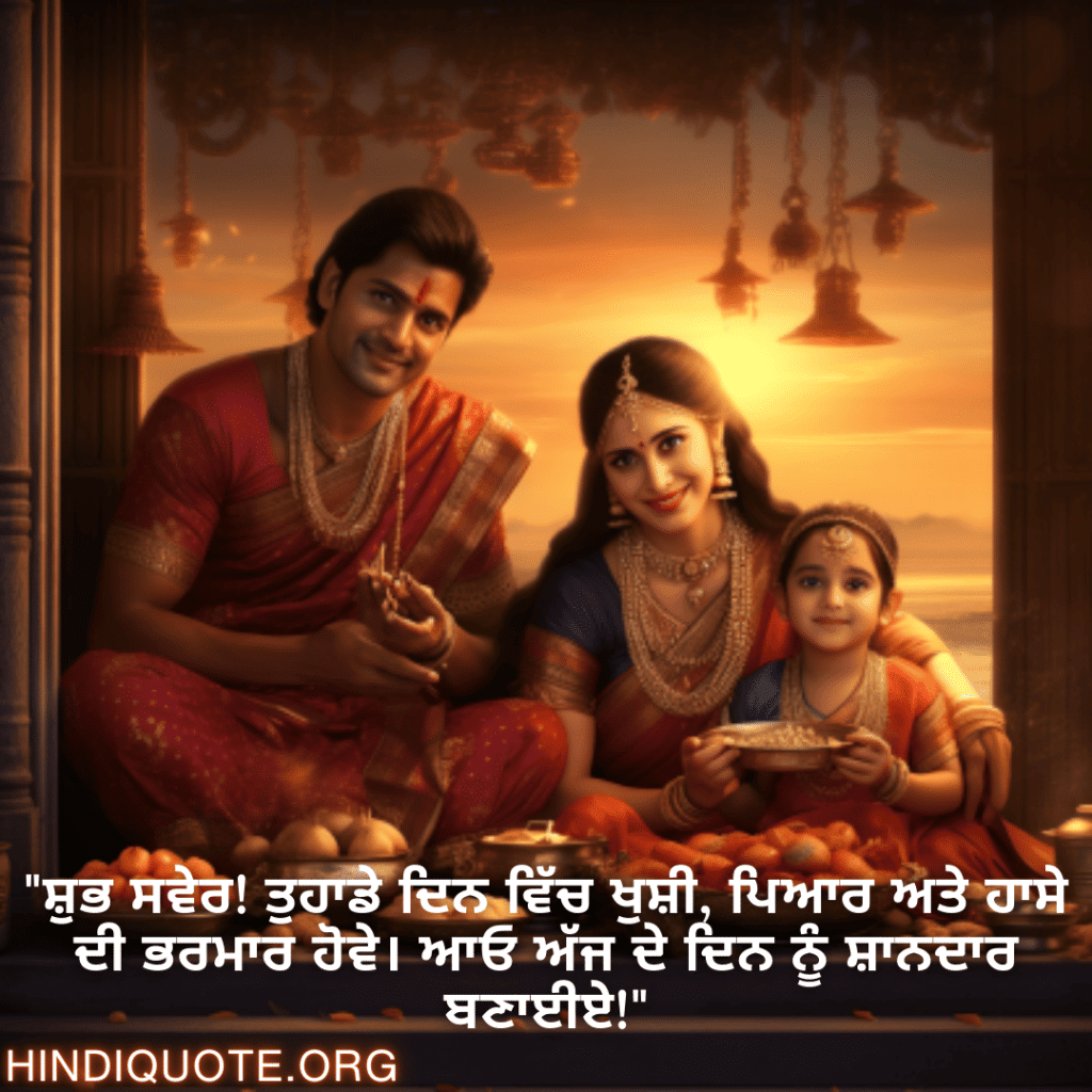 Good morning Quotes In Punjabi For Family "ਸ਼ੁਭ ਸਵੇਰ! ਤੁਹਾਡੇ ਦਿਨ ਵਿੱਚ ਖੁਸ਼ੀ, ਪਿਆਰ ਅਤੇ ਹਾਸੇ ਦੀ ਭਰਮਾਰ ਹੋਵੇ। ਆਓ ਅੱਜ ਦੇ ਦਿਨ ਨੂੰ ਸ਼ਾਨਦਾਰ ਬਣਾਈਏ!"