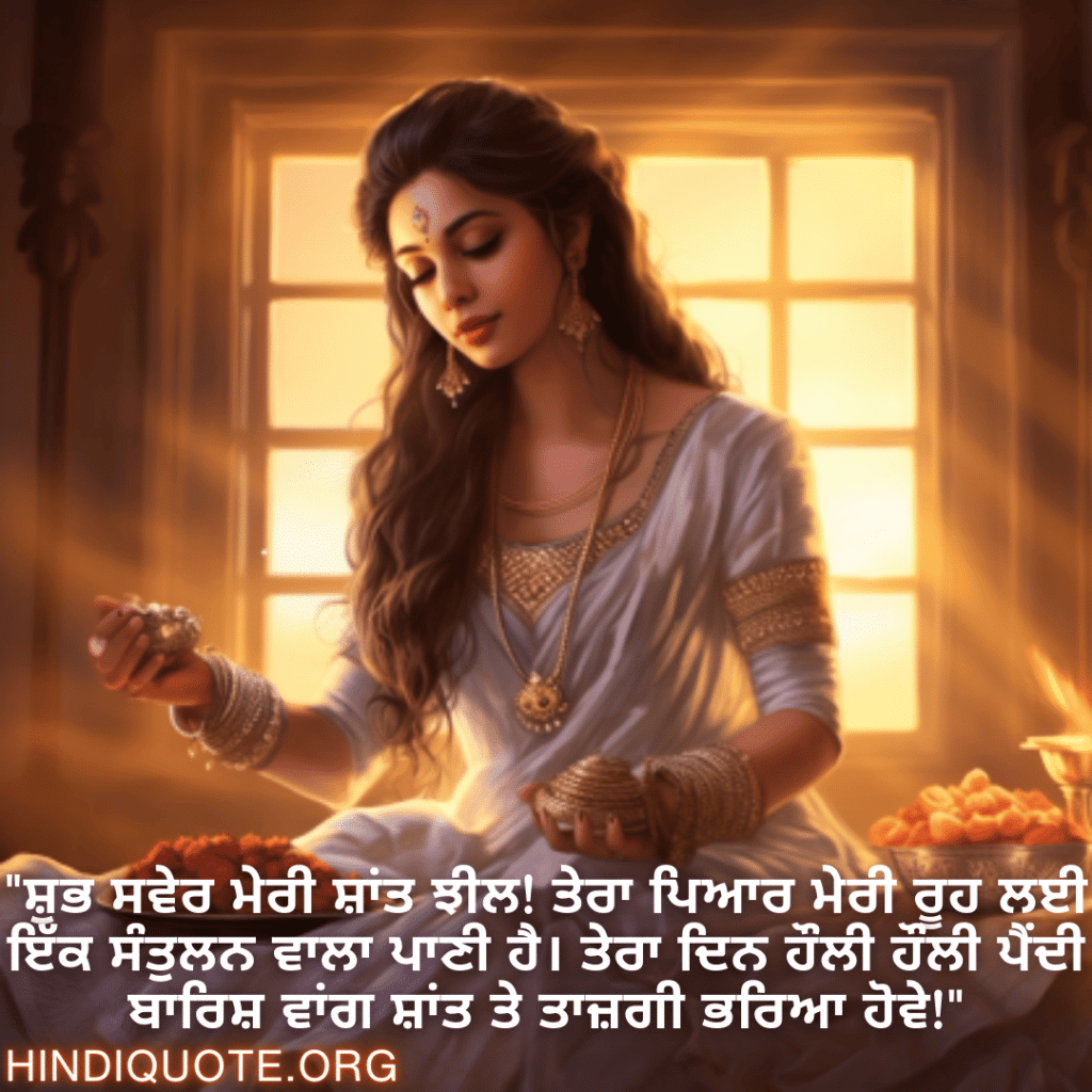 Good morning Quotes In Punjabi For Your Girlfriend "ਸ਼ੁਭ ਸਵੇਰ ਮੇਰੀ ਸ਼ਾਂਤ ਝੀਲ! ਤੇਰਾ ਪਿਆਰ ਮੇਰੀ ਰੂਹ ਲਈ ਇੱਕ ਸੰਤੁਲਨ ਵਾਲਾ ਪਾਣੀ ਹੈ। ਤੇਰਾ ਦਿਨ ਹੌਲੀ ਹੌਲੀ ਪੈਂਦੀ ਬਾਰਿਸ਼ ਵਾਂਗ ਸ਼ਾਂਤ ਤੇ ਤਾਜ਼ਗੀ ਭਰਿਆ ਹੋਵੇ!"