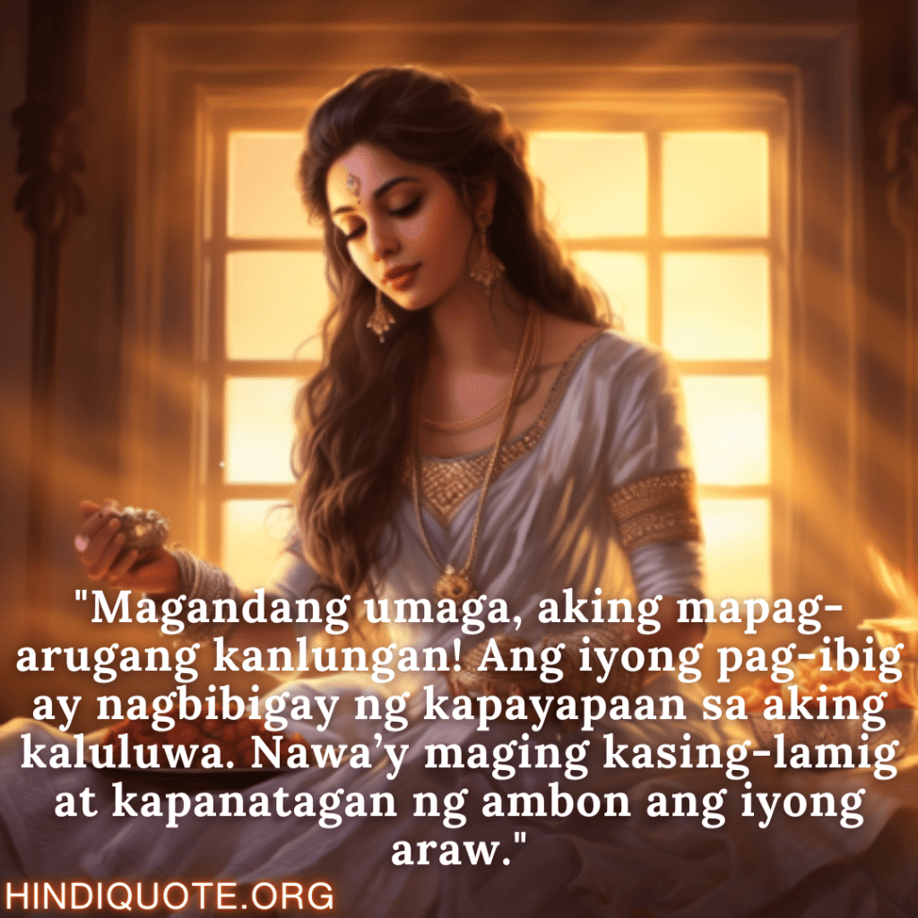 Good morning Quotes Tagalog For Your Girlfriend "Magandang umaga, aking mapag-arugang kanlungan! Ang iyong pag-ibig ay nagbibigay ng kapayapaan sa aking kaluluwa. Nawa’y maging kasing-lamig at kapanatagan ng ambon ang iyong araw."