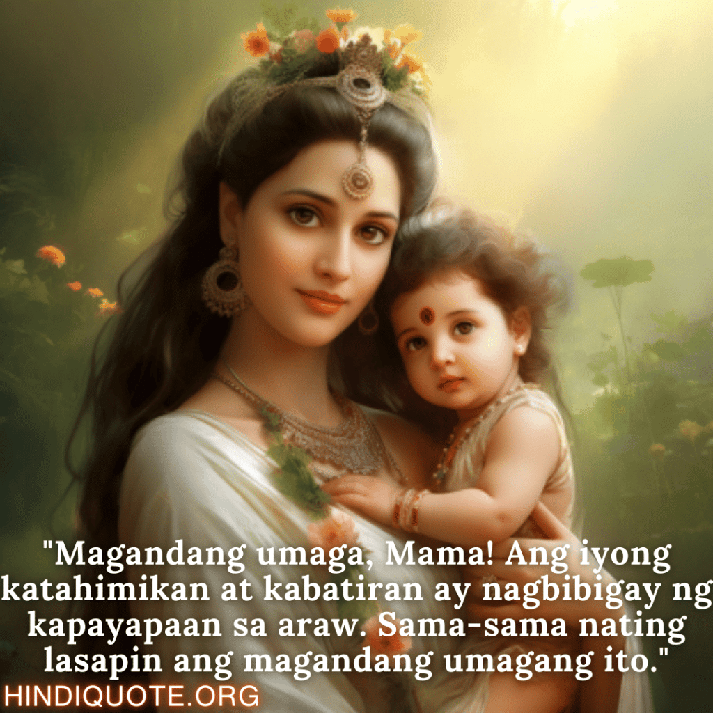 Good morning Quotes Tagalog For Your Mother "Magandang umaga, Mama! Ang iyong katahimikan at kabatiran ay nagbibigay ng kapayapaan sa araw. Sama-sama nating lasapin ang magandang umagang ito."