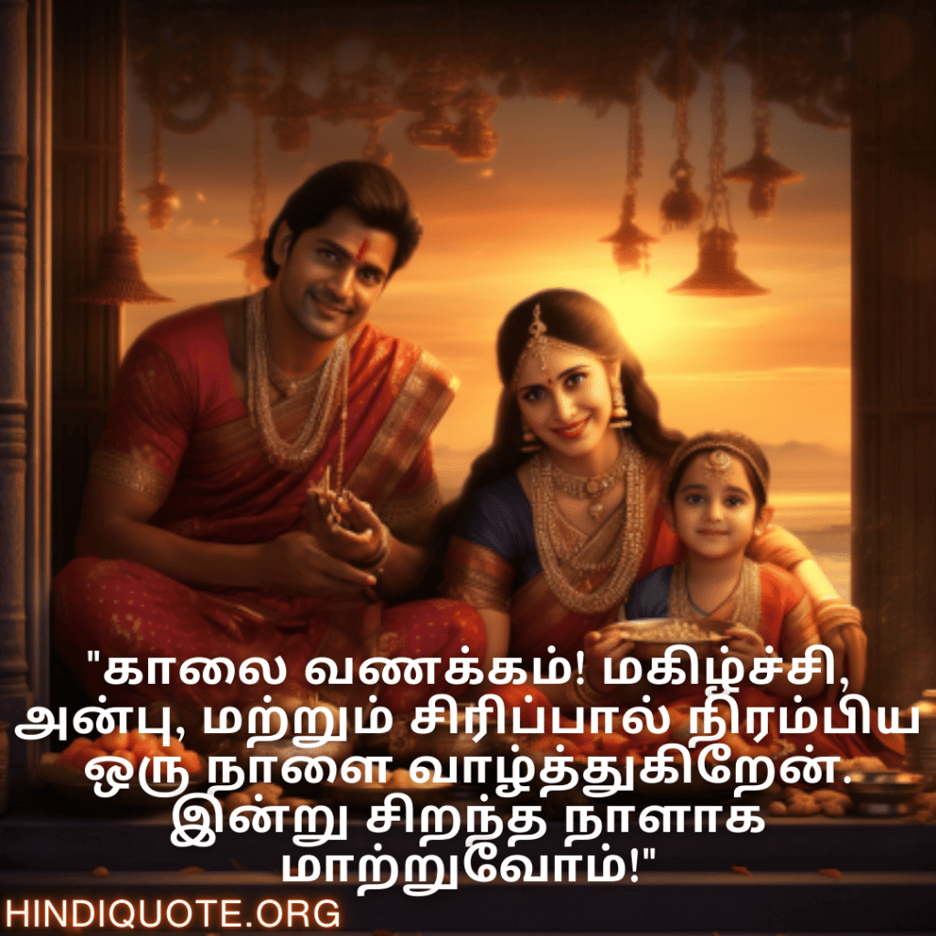 Good morning Quotes In Tamil For Family "காலை வணக்கம்! மகிழ்ச்சி, அன்பு, மற்றும் சிரிப்பால் நிரம்பிய ஒரு நாளை வாழ்த்துகிறேன். இன்று சிறந்த நாளாக மாற்றுவோம்!"