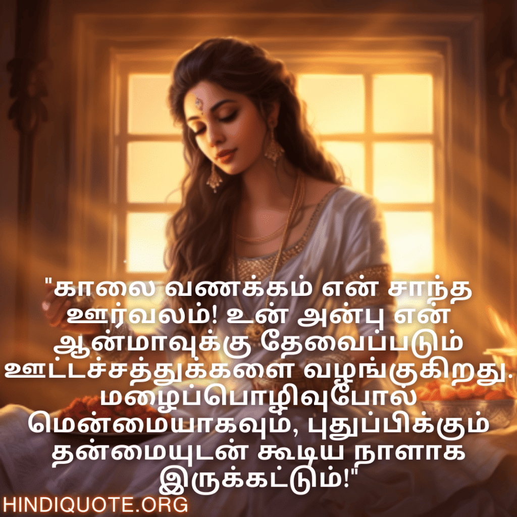 Good morning Quotes In Tamil For Your Girlfriend "காலை வணக்கம் என் சாந்த ஊர்வலம்! உன் அன்பு என் ஆன்மாவுக்கு தேவைப்படும் ஊட்டச்சத்துக்களை வழங்குகிறது. மழைப்பொழிவுபோல் மென்மையாகவும், புதுப்பிக்கும் தன்மையுடன் கூடிய நாளாக இருக்கட்டும்!"