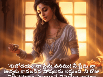 Good morning Quotes In Telugu For Your Girlfriend "శుభోదయం నా ప్రేమ వనము! నీ ప్రేమ నా ఆత్మకు కావలసిన పోషణను ఇస్తుంది. నీ రోజు చిరునవ్వులు పూయించే చినుకుల వానలా హాయిగా, సాంత్వనతో ఉండాలి!"