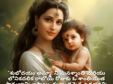 Good morning Wishes In Telugu For Your Mother "శుభోదయం అమ్మా! నీ మనశ్శాంతి మరియు లోనికదలిక రాబోయే రోజుకు ఓ శాంతియుత ప్రారంభాన్ని ఇస్తాయి. ఈ అందమైన ఉదయాన్ని కలిసి ఆస్వాదిద్దాం."