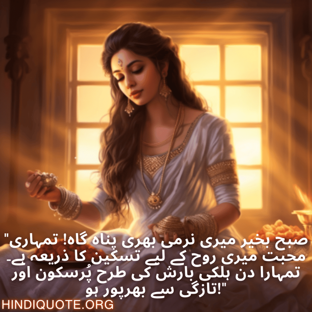 Good morning Quotes In Urdu For Your Girlfriend "صبح بخیر میری نرمی بھری پناہ گاہ! تمہاری محبت میری روح کے لیے تسکین کا ذریعہ ہے۔ تمہارا دن ہلکی بارش کی طرح پُرسکون اور تازگی سے بھرپور ہو!"