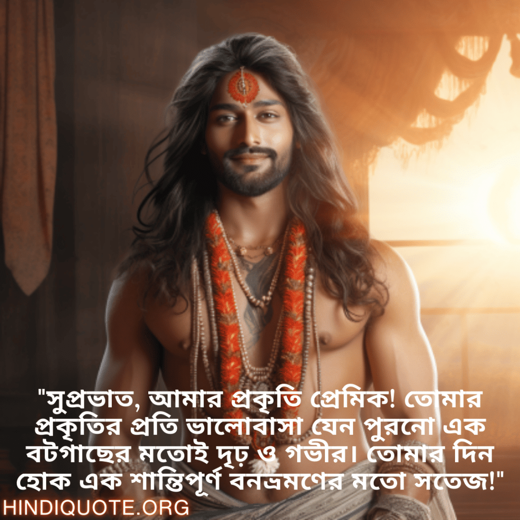 Good morning Quotes In Bengali For Your Boyfriend "সুপ্রভাত, আমার প্রকৃতি প্রেমিক! তোমার প্রকৃতির প্রতি ভালোবাসা যেন পুরনো এক বটগাছের মতোই দৃঢ় ও গভীর। তোমার দিন হোক এক শান্তিপূর্ণ বনভ্রমণের মতো সতেজ!"