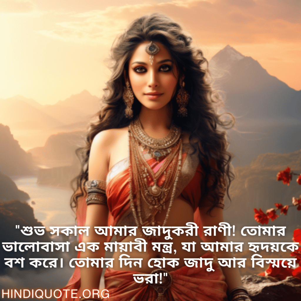 Good morning Quotes In Bengali For Your Girlfriend "শুভ সকাল আমার জাদুকরী রাণী! তোমার ভালোবাসা এক মায়াবী মন্ত্র, যা আমার হৃদয়কে বশ করে। তোমার দিন হোক জাদু আর বিস্ময়ে ভরা!"