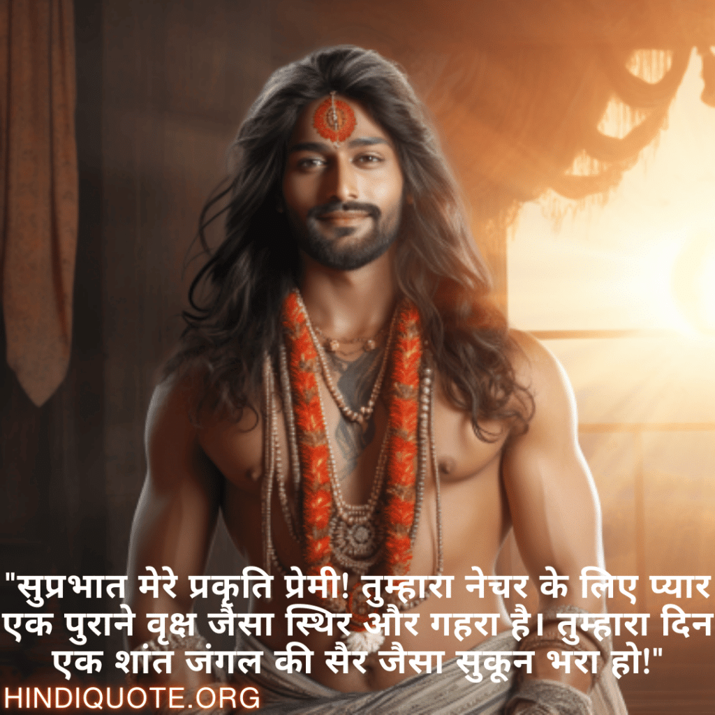 Good morning Shayari in Hindi For Your Boyfriend "सुप्रभात मेरे प्रकृति प्रेमी! तुम्हारा नेचर के लिए प्यार एक पुराने वृक्ष जैसा स्थिर और गहरा है। तुम्हारा दिन एक शांत जंगल की सैर जैसा सुकून भरा हो!"