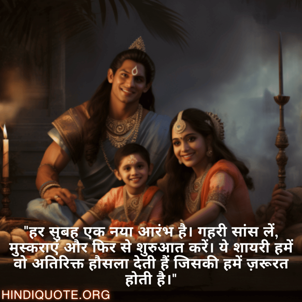 Good morning Shayari in Hindi For Your Family "हर सुबह एक नया आरंभ है। गहरी सांस लें, मुस्कराएं और फिर से शुरुआत करें। ये शायरी हमें वो अतिरिक्त हौसला देती हैं जिसकी हमें ज़रूरत होती है।"