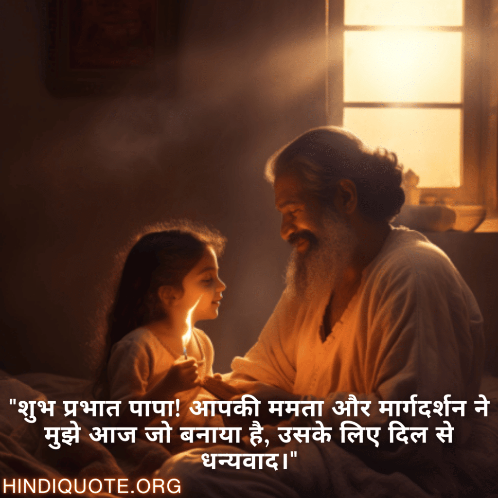 Good morning Shayari in Hindi For Your Father "शुभ प्रभात पापा! आपकी ममता और मार्गदर्शन ने मुझे आज जो बनाया है, उसके लिए दिल से धन्यवाद।"