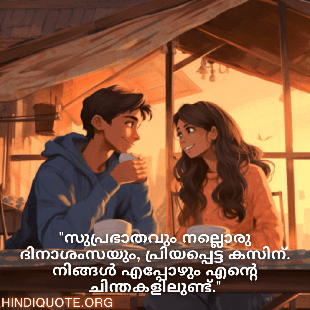 Good morning Wishes In Malayalam For Your Cousin "സുപ്രഭാതവും നല്ലൊരു ദിനാശംസയും, പ്രിയപ്പെട്ട കസിന്‍. നിങ്ങൾ എപ്പോഴും എന്റെ ചിന്തകളിലുണ്ട്."