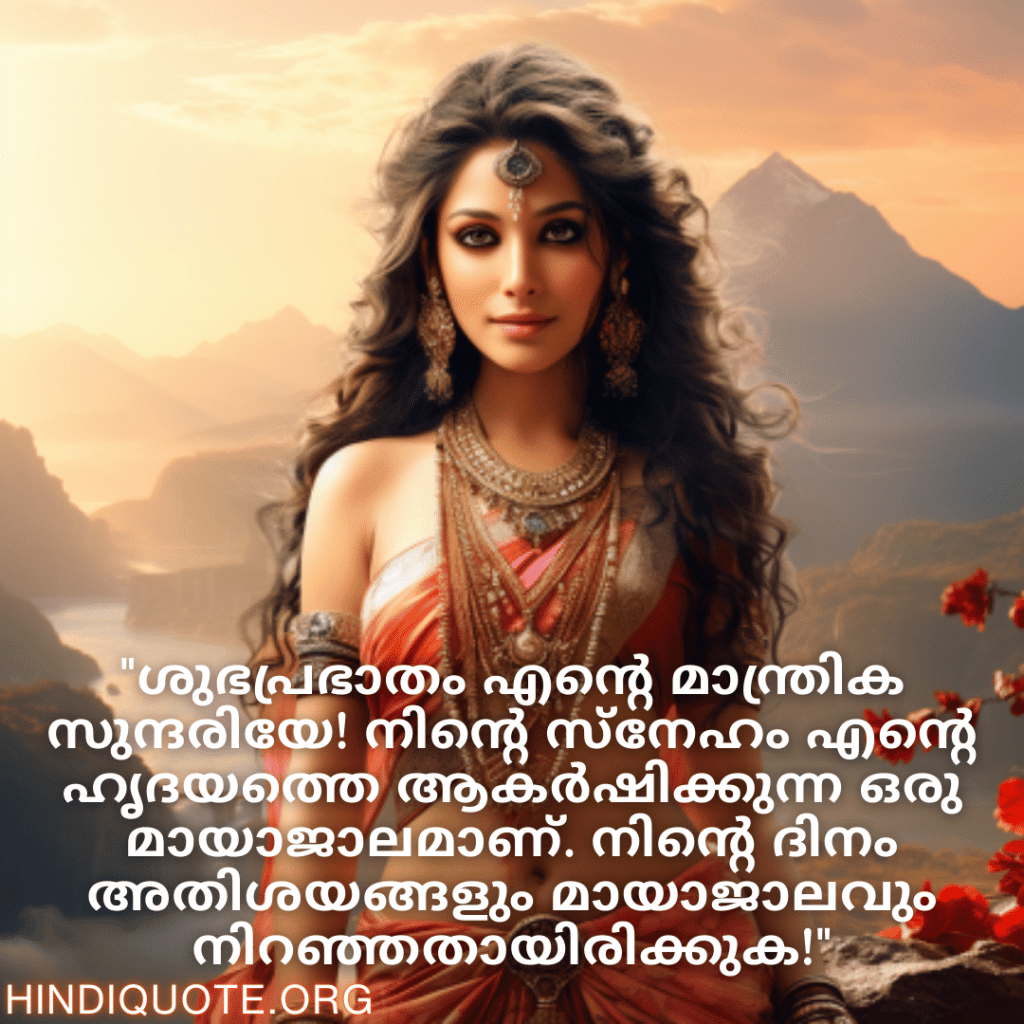Good morning Quotes In Malayalam For Your Girlfriend "ശുഭപ്രഭാതം എന്റെ മാന്ത്രിക സുന്ദരിയേ! നിന്റെ സ്നേഹം എന്റെ ഹൃദയത്തെ ആകർഷിക്കുന്ന ഒരു മായാജാലമാണ്. നിന്റെ ദിനം അതിശയങ്ങളും മായാജാലവും നിറഞ്ഞതായിരിക്കുക!"