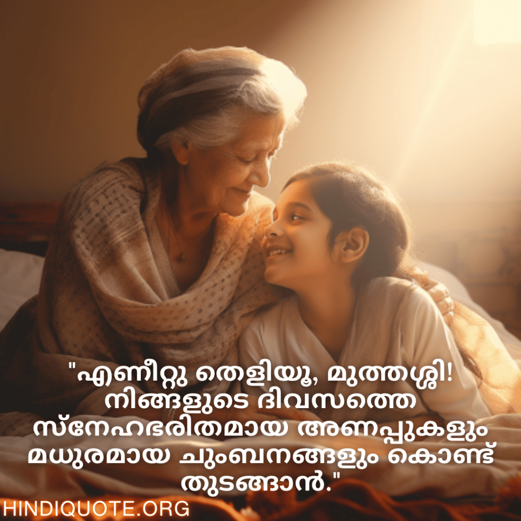 Good morning Quotes In Malayalam For Your Grandmother "എണീറ്റു തെളിയൂ, മുത്തശ്ശി! നിങ്ങളുടെ ദിവസത്തെ സ്‌നേഹഭരിതമായ അണപ്പുകളും മധുരമായ ചുംബനങ്ങളും കൊണ്ട് തുടങ്ങാൻ."