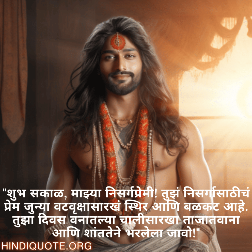 Good morning Quotes In Marathi For Your Boyfriend "शुभ सकाळ, माझ्या निसर्गप्रेमी! तुझं निसर्गासाठीचं प्रेम जुन्या वटवृक्षासारखं स्थिर आणि बळकट आहे. तुझा दिवस वनातल्या चालीसारखा ताजातवाना आणि शांततेने भरलेला जावो!"