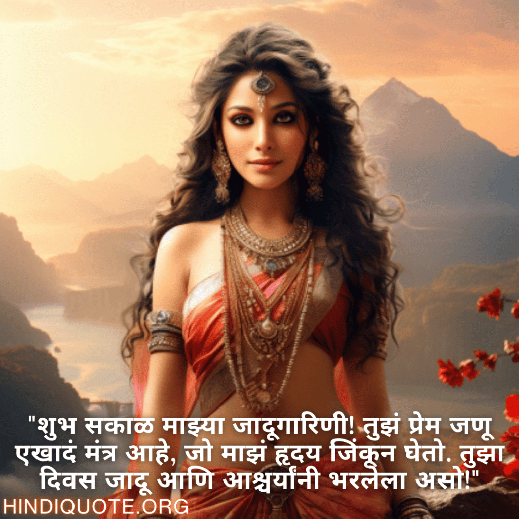 Good morning Quotes In Marathi For Your Girlfriend "शुभ सकाळ माझ्या जादूगारिणी! तुझं प्रेम जणू एखादं मंत्र आहे, जो माझं हृदय जिंकून घेतो. तुझा दिवस जादू आणि आश्चर्यांनी भरलेला असो!"