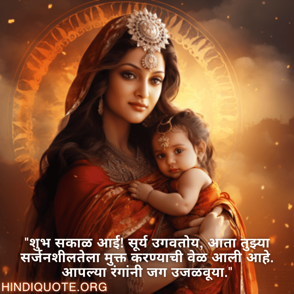 Good morning Wishes In Marathi For Your Mother "शुभ सकाळ आई! सूर्य उगवतोय, आता तुझ्या सर्जनशीलतेला मुक्त करण्याची वेळ आली आहे. आपल्या रंगांनी जग उजळवूया."