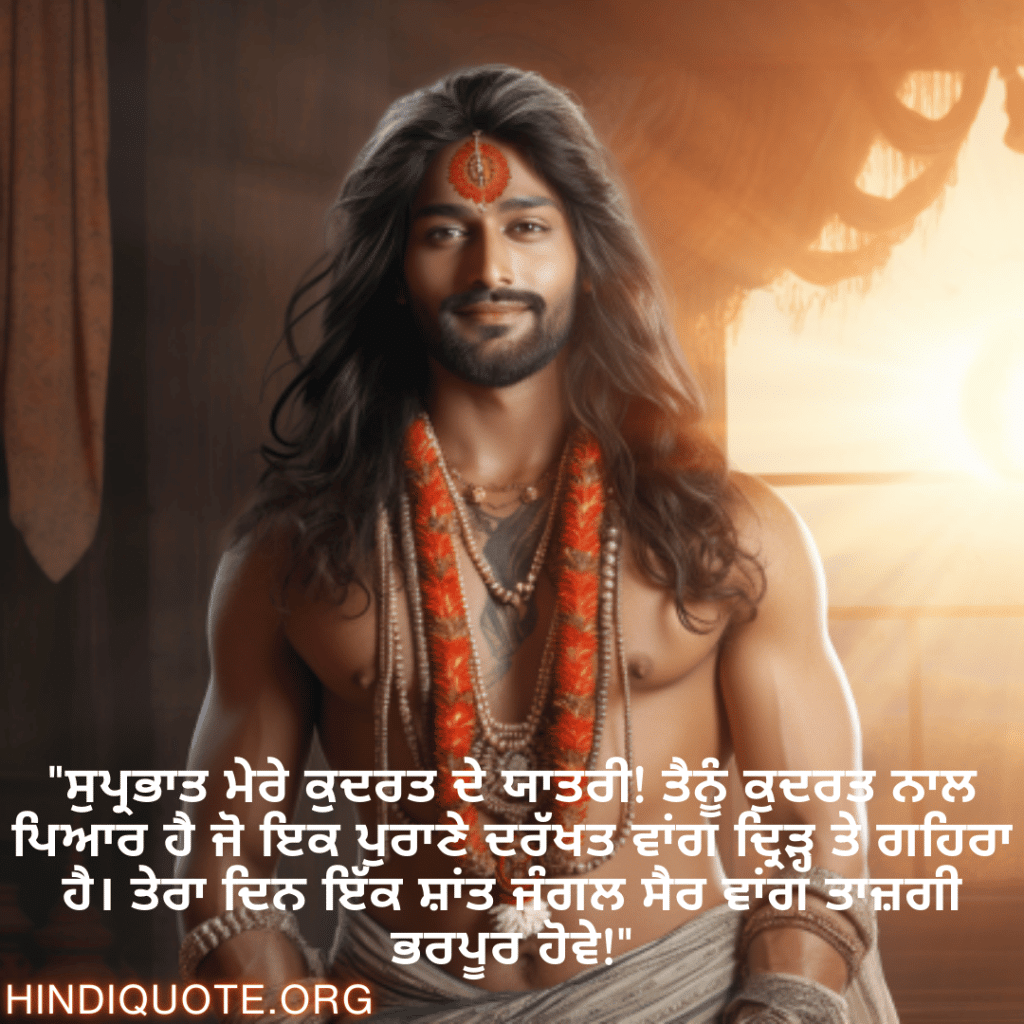 Good morning Quotes In Punjabi For Your Boyfriend "ਸੁਪ੍ਰਭਾਤ ਮੇਰੇ ਕੁਦਰਤ ਦੇ ਯਾਤਰੀ! ਤੈਨੂੰ ਕੁਦਰਤ ਨਾਲ ਪਿਆਰ ਹੈ ਜੋ ਇਕ ਪੁਰਾਣੇ ਦਰੱਖਤ ਵਾਂਗ ਦ੍ਰਿੜ੍ਹ ਤੇ ਗਹਿਰਾ ਹੈ। ਤੇਰਾ ਦਿਨ ਇੱਕ ਸ਼ਾਂਤ ਜੰਗਲ ਸੈਰ ਵਾਂਗ ਤਾਜ਼ਗੀ ਭਰਪੂਰ ਹੋਵੇ!"