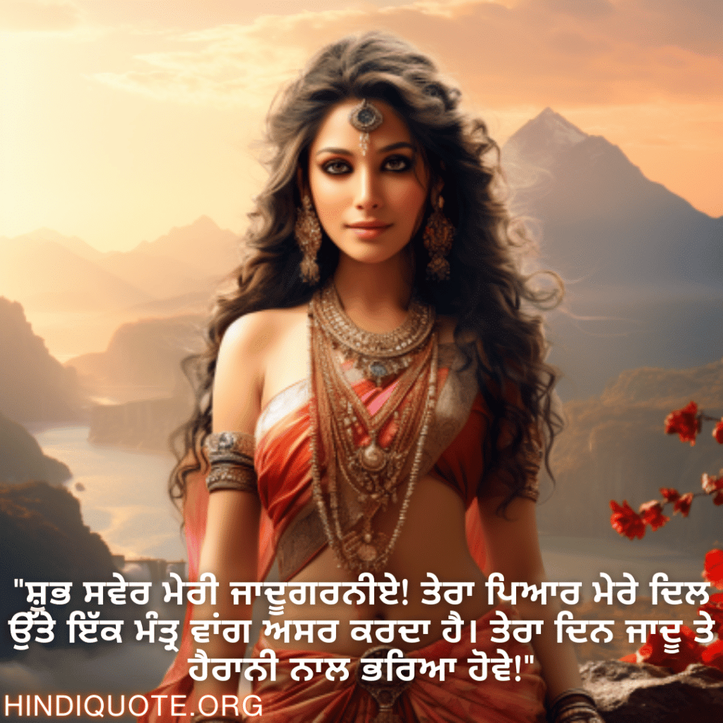 Good morning Quotes In Punjabi For Your Girlfriend "ਸ਼ੁਭ ਸਵੇਰ ਮੇਰੀ ਜਾਦੂਗਰਨੀਏ! ਤੇਰਾ ਪਿਆਰ ਮੇਰੇ ਦਿਲ ਉੱਤੇ ਇੱਕ ਮੰਤ੍ਰ ਵਾਂਗ ਅਸਰ ਕਰਦਾ ਹੈ। ਤੇਰਾ ਦਿਨ ਜਾਦੂ ਤੇ ਹੈਰਾਨੀ ਨਾਲ ਭਰਿਆ ਹੋਵੇ!"