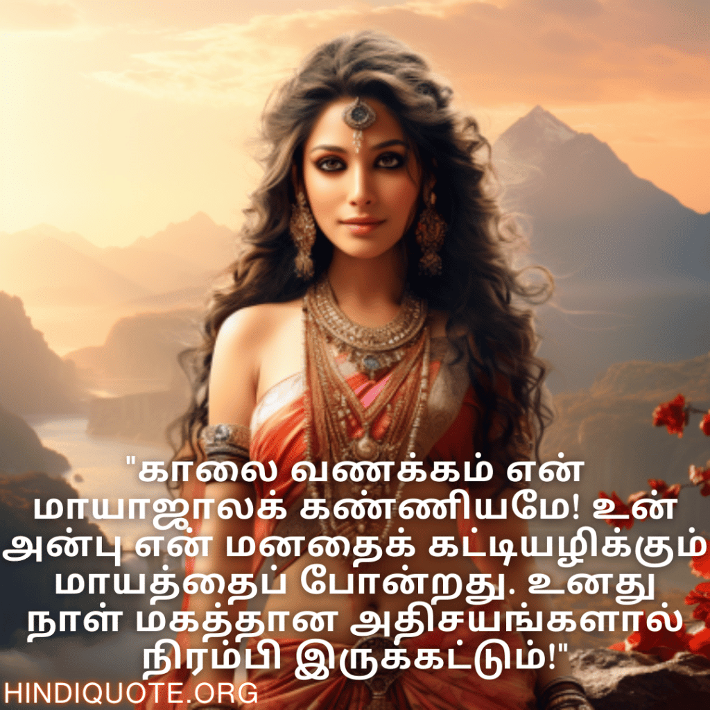 Good morning Quotes In Tamil For Your Girlfriend "காலை வணக்கம் என் மாயாஜாலக் கண்ணியமே! உன் அன்பு என் மனதைக் கட்டியழிக்கும் மாயத்தைப் போன்றது. உனது நாள் மகத்தான அதிசயங்களால் நிரம்பி இருக்கட்டும்!"