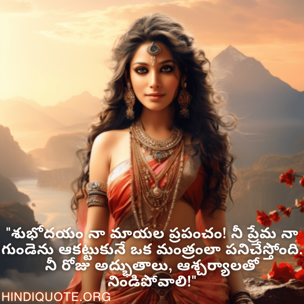 Good morning Quotes In Telugu For Your Girlfriend "శుభోదయం నా మాయల ప్రపంచం! నీ ప్రేమ నా గుండెను ఆకట్టుకునే ఒక మంత్రంలా పనిచేస్తోంది. నీ రోజు అద్భుతాలు, ఆశ్చర్యాలతో నిండిపోవాలి!"