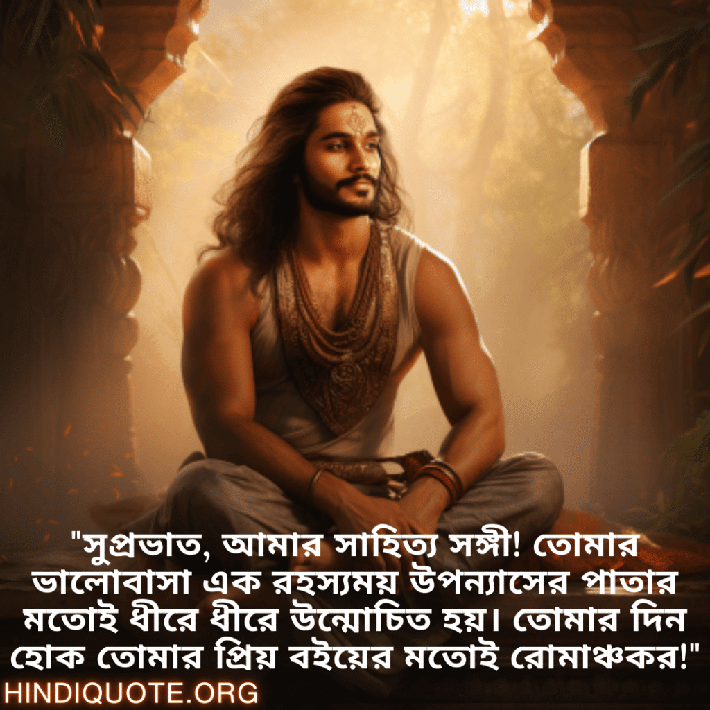 Good morning Quotes In Bengali For Your Boyfriend "সুপ্রভাত, আমার সাহিত্য সঙ্গী! তোমার ভালোবাসা এক রহস্যময় উপন্যাসের পাতার মতোই ধীরে ধীরে উন্মোচিত হয়। তোমার দিন হোক তোমার প্রিয় বইয়ের মতোই রোমাঞ্চকর!"