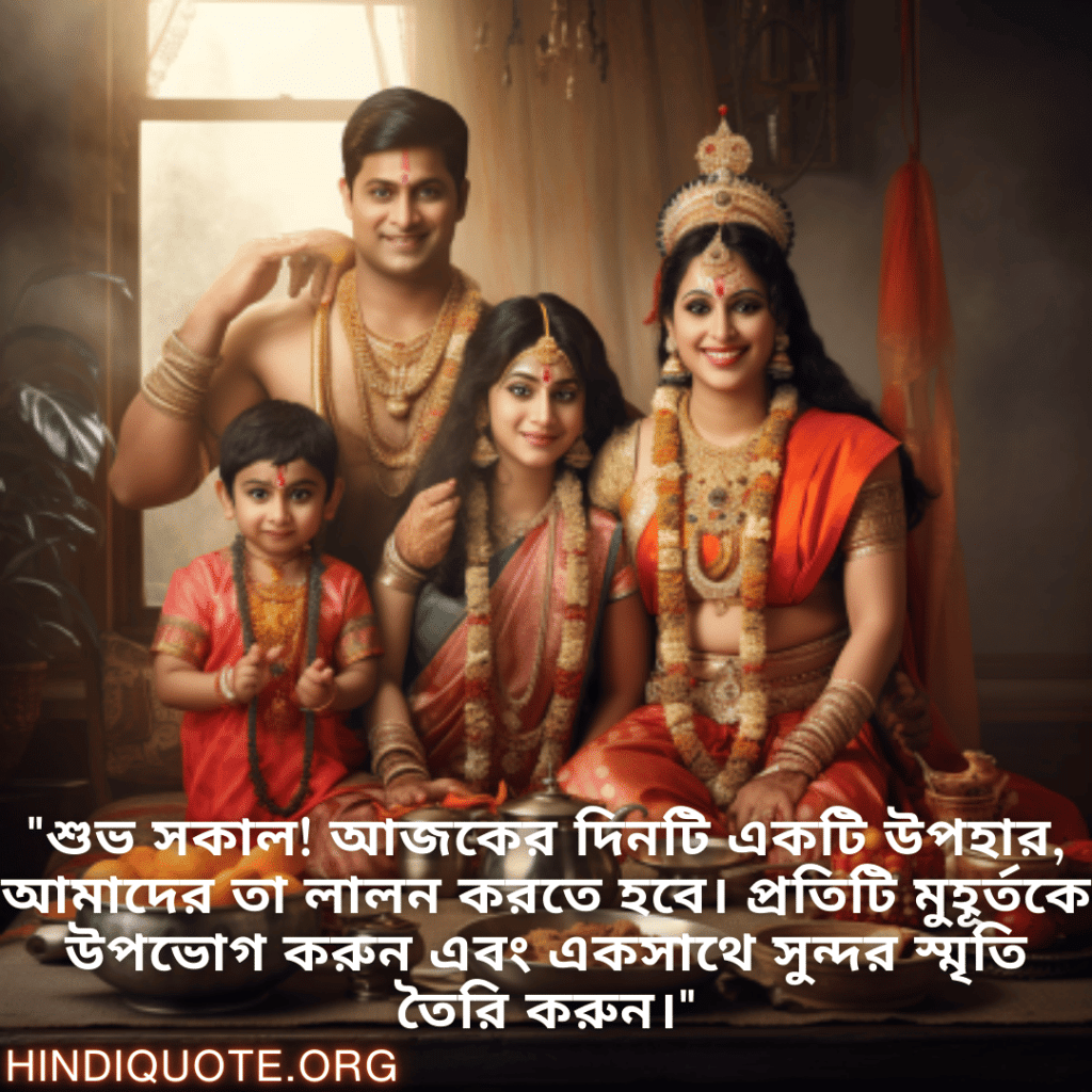 Good morning Quotes In Bengali For Your Family "শুভ সকাল! আজকের দিনটি একটি উপহার, আমাদের তা লালন করতে হবে। প্রতিটি মুহূর্তকে উপভোগ করুন এবং একসাথে সুন্দর স্মৃতি তৈরি করুন।"