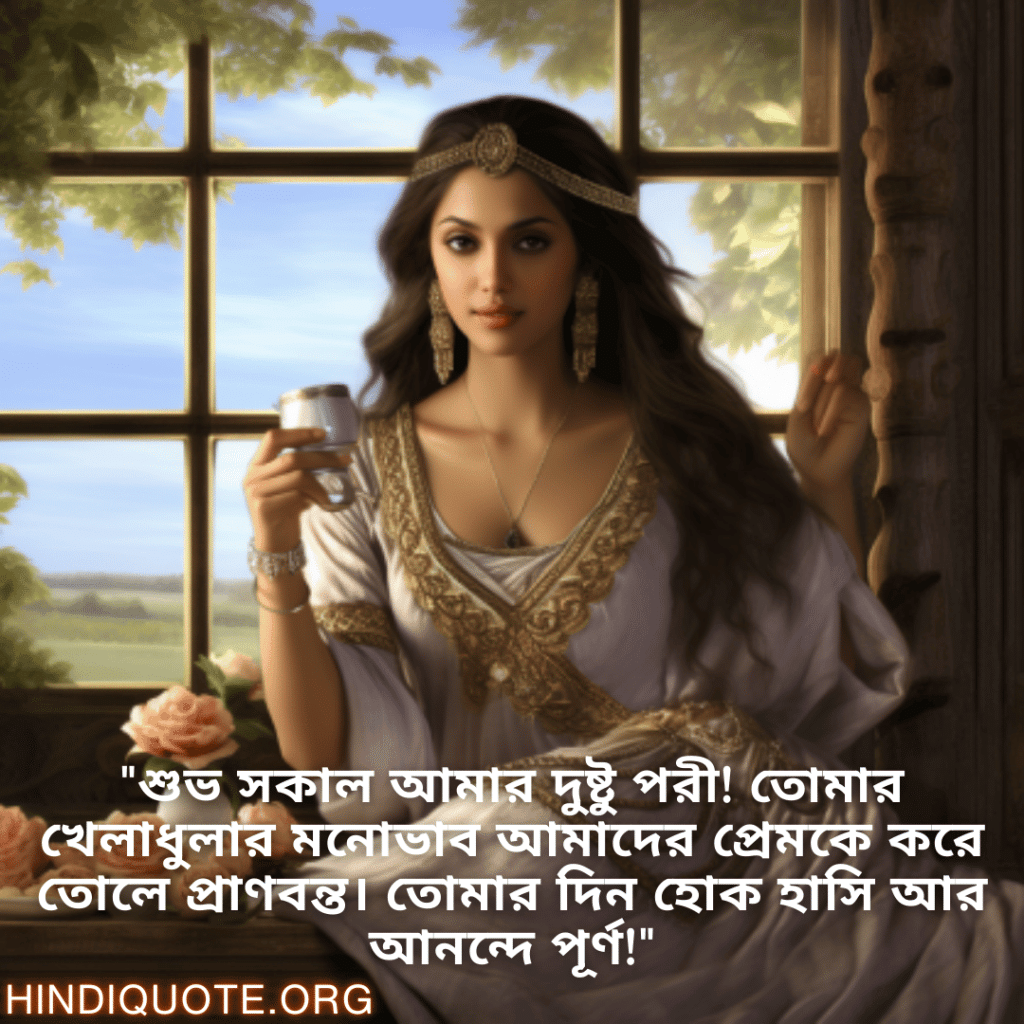 Good morning Quotes In Bengali For Your Girlfriend "শুভ সকাল আমার দুষ্টু পরী! তোমার খেলাধুলার মনোভাব আমাদের প্রেমকে করে তোলে প্রাণবন্ত। তোমার দিন হোক হাসি আর আনন্দে পূর্ণ!"