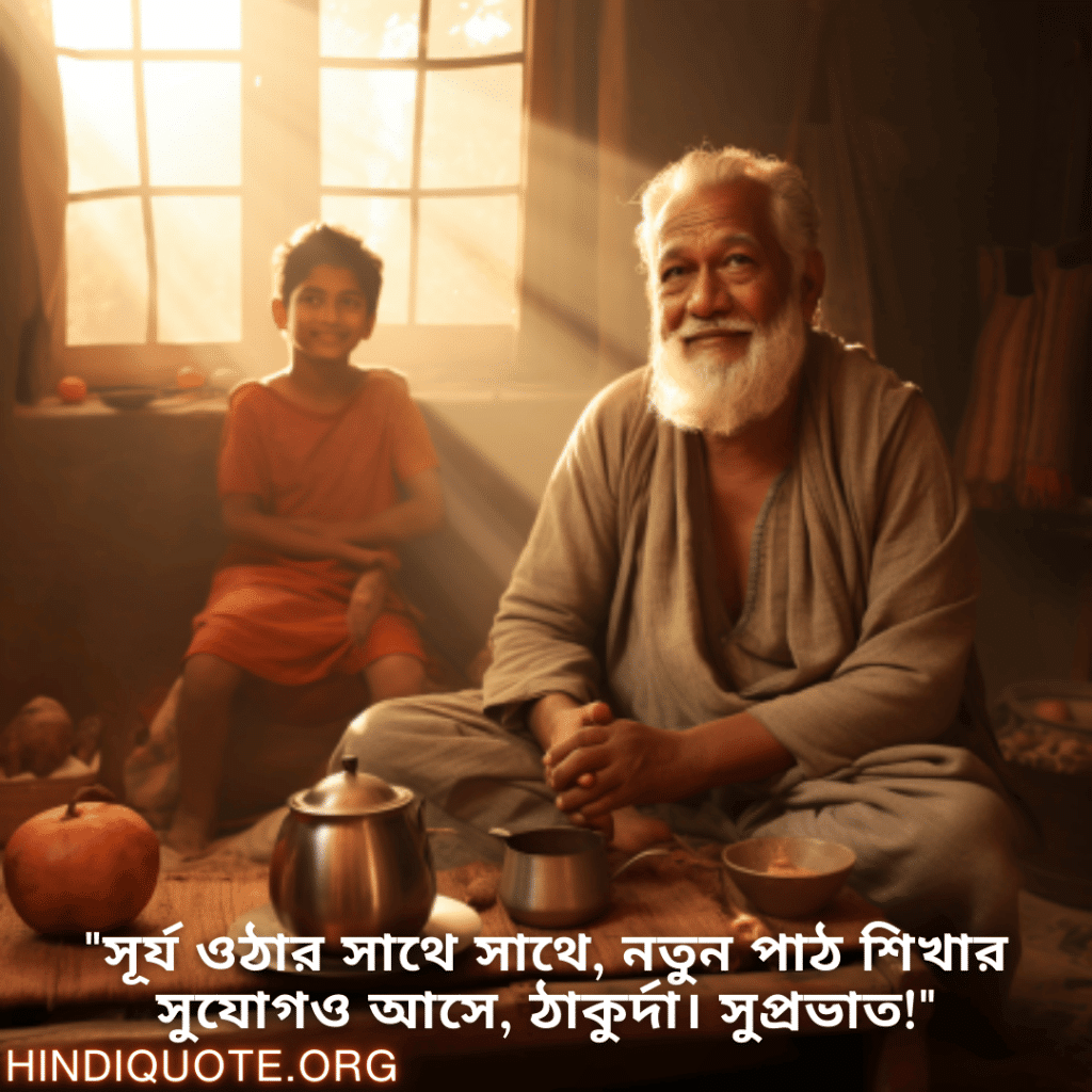 Good morning Quotes In Bengali For Your Grandfather "সূর্য ওঠার সাথে সাথে, নতুন পাঠ শিখার সুযোগও আসে, ঠাকুর্দা। সুপ্রভাত!"