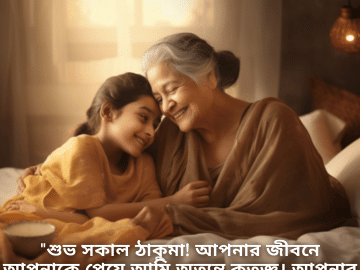 Good morning Quotes In Bengali For Your Grandmother "শুভ সকাল ঠাকুমা! আপনার জীবনে আপনাকে পেয়ে আমি অত্যন্ত কৃতজ্ঞ। আপনার দিনটি আপনার মতোই অসাধারণ হোক।"