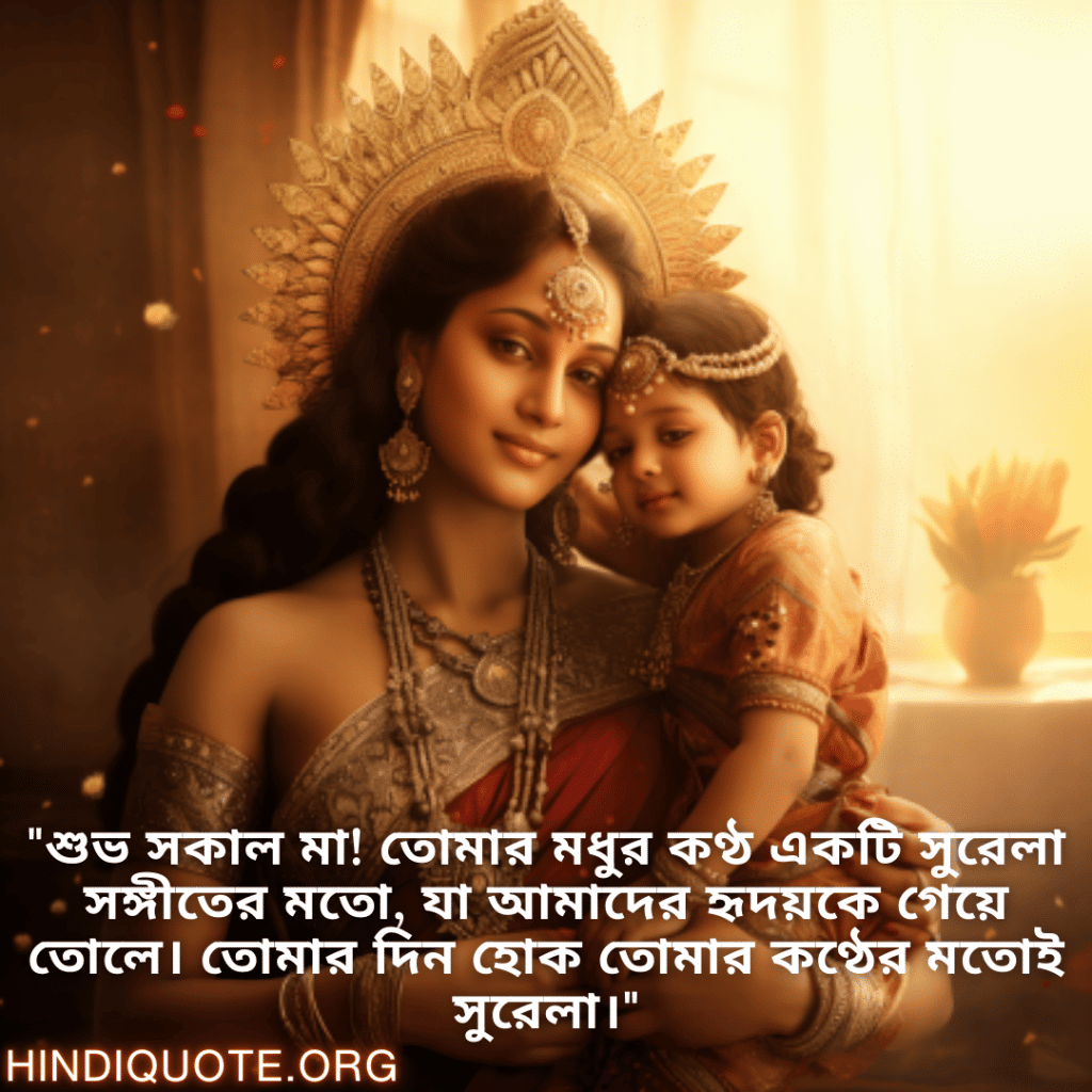 Good morning Wishes In Bengali For Your Mother "শুভ সকাল মা! তোমার মধুর কণ্ঠ একটি সুরেলা সঙ্গীতের মতো, যা আমাদের হৃদয়কে গেয়ে তোলে। তোমার দিন হোক তোমার কণ্ঠের মতোই সুরেলা।"