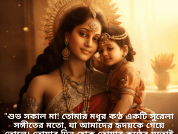 Good morning Wishes In Bengali For Your Mother "শুভ সকাল মা! তোমার মধুর কণ্ঠ একটি সুরেলা সঙ্গীতের মতো, যা আমাদের হৃদয়কে গেয়ে তোলে। তোমার দিন হোক তোমার কণ্ঠের মতোই সুরেলা।"
