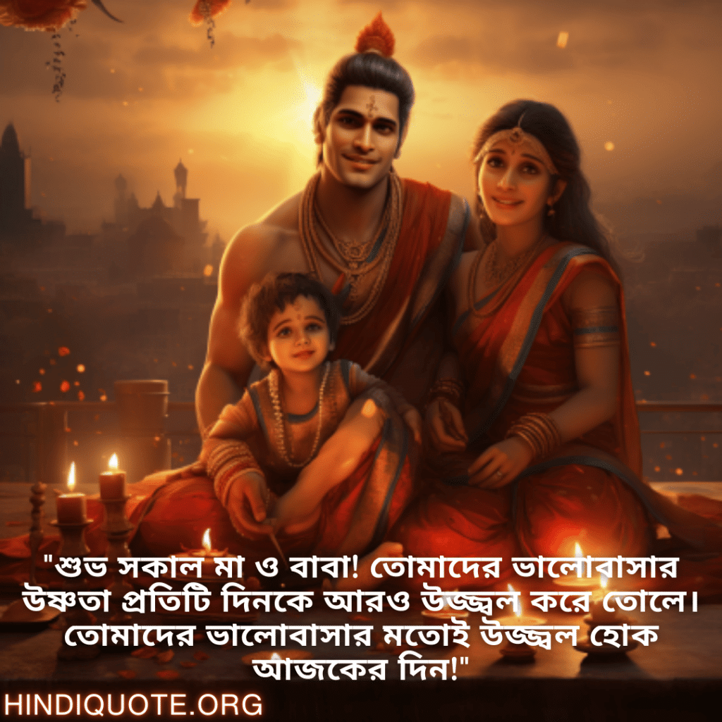 Good morning Wishes In Bengali For Your Parents "শুভ সকাল মা ও বাবা! তোমাদের ভালোবাসার উষ্ণতা প্রতিটি দিনকে আরও উজ্জ্বল করে তোলে। তোমাদের ভালোবাসার মতোই উজ্জ্বল হোক আজকের দিন!"