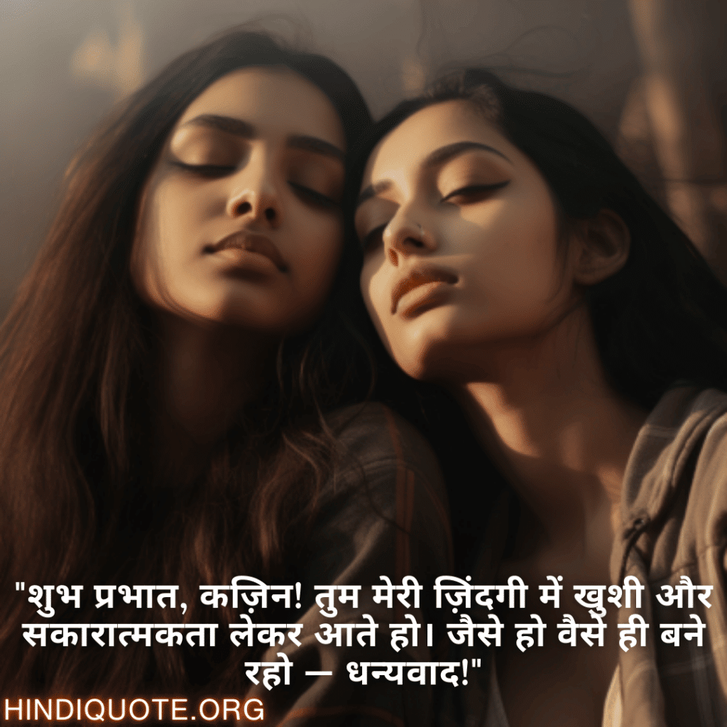 Good morning Shayari For Your Cousin "शुभ प्रभात, कज़िन! तुम मेरी ज़िंदगी में खुशी और सकारात्मकता लेकर आते हो। जैसे हो वैसे ही बने रहो — धन्यवाद!"