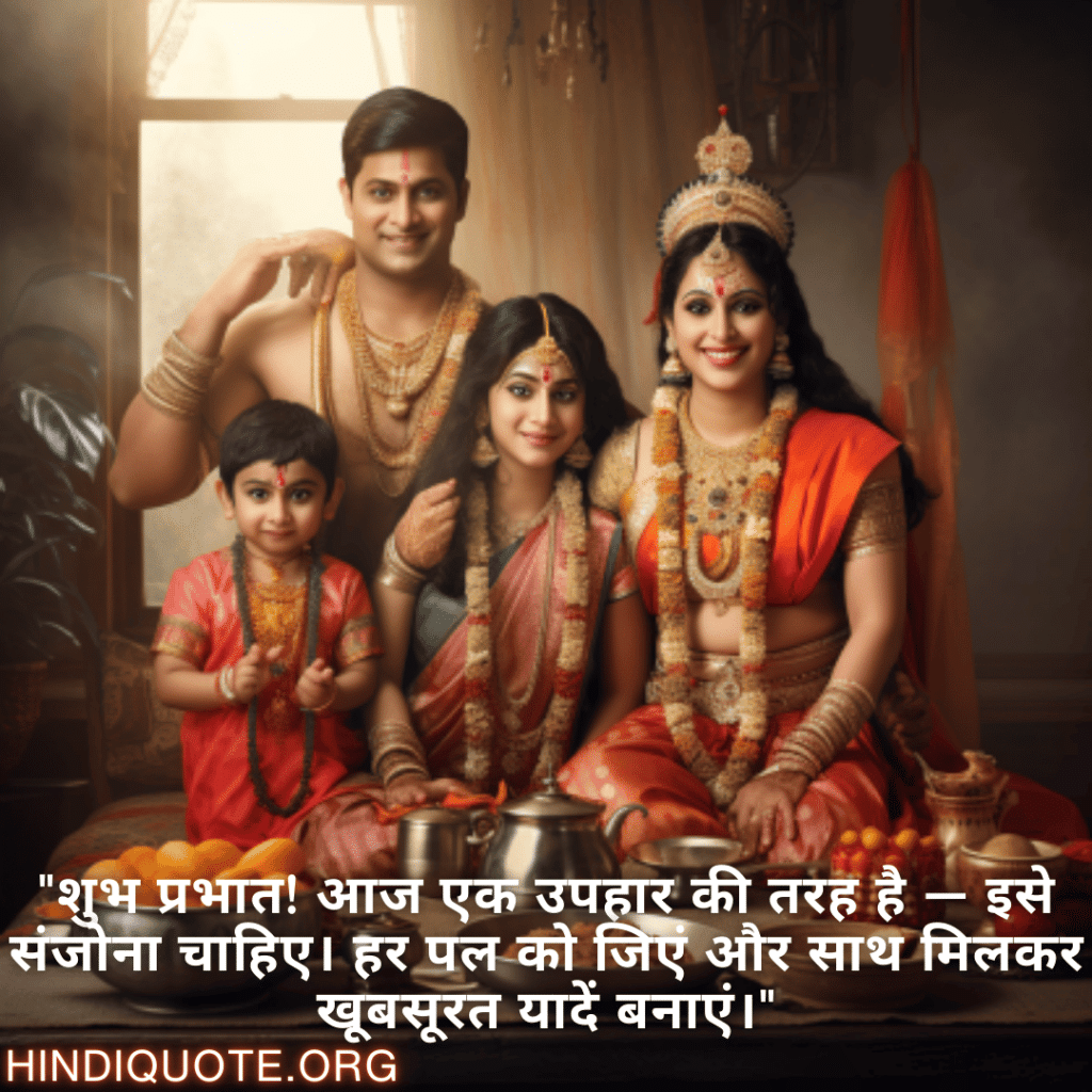 Good morning Shayari in Hindi For Your Family "शुभ प्रभात! आज एक उपहार की तरह है — इसे संजोना चाहिए। हर पल को जिएं और साथ मिलकर खूबसूरत यादें बनाएं।"