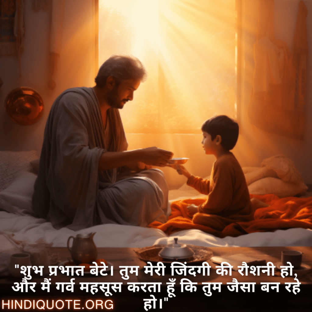 Good morning Shayari For Your Son "शुभ प्रभात बेटे। तुम मेरी जिंदगी की रौशनी हो, और मैं गर्व महसूस करता हूँ कि तुम जैसा बन रहे हो।"