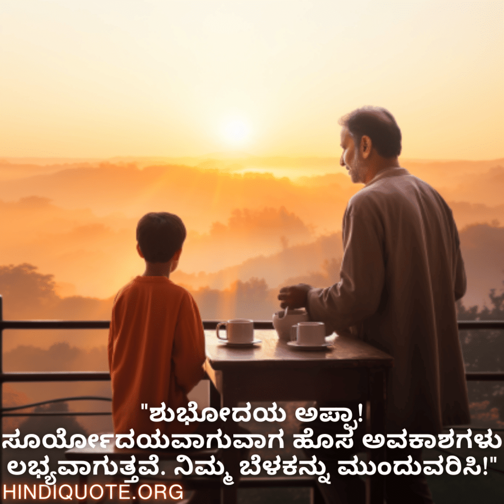 Good morning Quotes In Kannada For Your Father "ಶುಭೋದಯ ಅಪ್ಪಾ! ಸೂರ್ಯೋದಯವಾಗುವಾಗ ಹೊಸ ಅವಕಾಶಗಳು ಲಭ್ಯವಾಗುತ್ತವೆ. ನಿಮ್ಮ ಬೆಳಕನ್ನು ಮುಂದುವರಿಸಿ!"