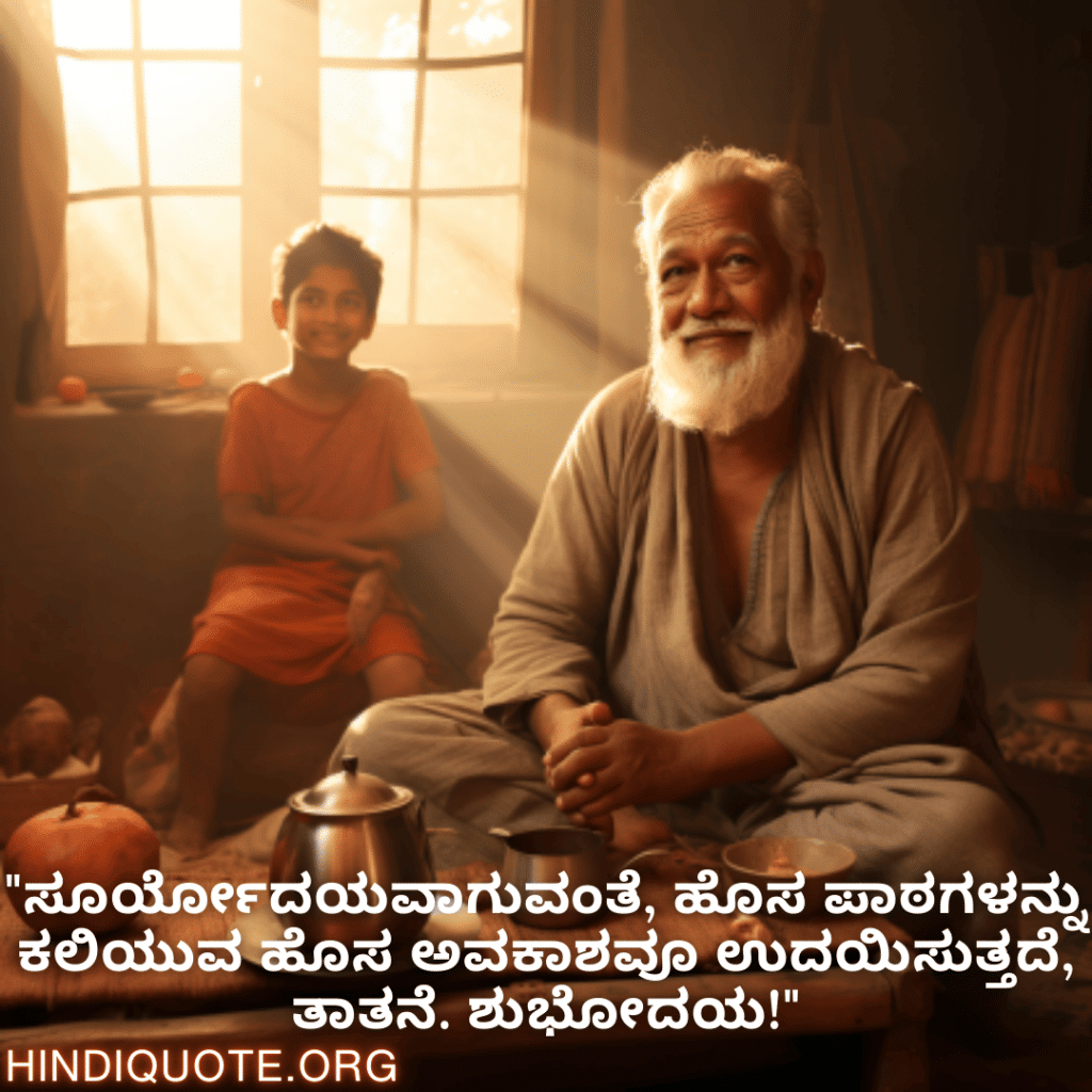 Good morning Quotes In Kannada For Your Grandfather "ಸೂರ್ಯೋದಯವಾಗುವಂತೆ, ಹೊಸ ಪಾಠಗಳನ್ನು ಕಲಿಯುವ ಹೊಸ ಅವಕಾಶವೂ ಉದಯಿಸುತ್ತದೆ, ತಾತನೆ. ಶುಭೋದಯ!"