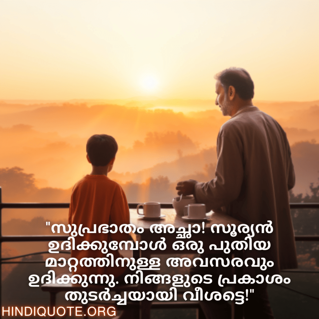 Good morning Quotes In Malayalam For Your Father "സുപ്രഭാതം അച്ഛാ! സൂര്യൻ ഉദിക്കുമ്പോൾ ഒരു പുതിയ മാറ്റത്തിനുള്ള അവസരവും ഉദിക്കുന്നു. നിങ്ങളുടെ പ്രകാശം തുടർച്ചയായി വീശട്ടെ!"