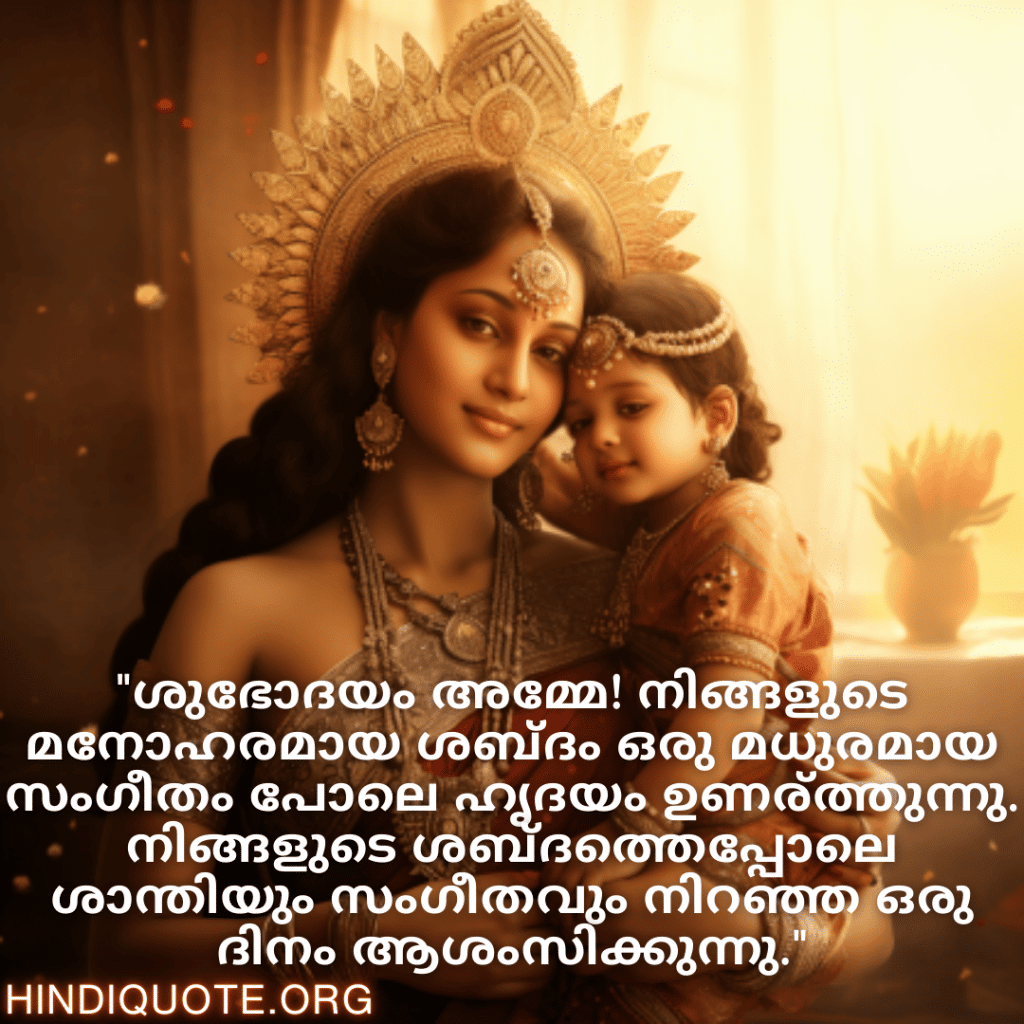 Good morning Wishes In Malayalam For Your Mother "ശുഭോദയം അമ്മേ! നിങ്ങളുടെ മനോഹരമായ ശബ്ദം ഒരു മധുരമായ സംഗീതം പോലെ ഹൃദയം ഉണര്‍ത്തുന്നു. നിങ്ങളുടെ ശബ്ദത്തെപ്പോലെ ശാന്തിയും സംഗീതവും നിറഞ്ഞ ഒരു ദിനം ആശംസിക്കുന്നു."