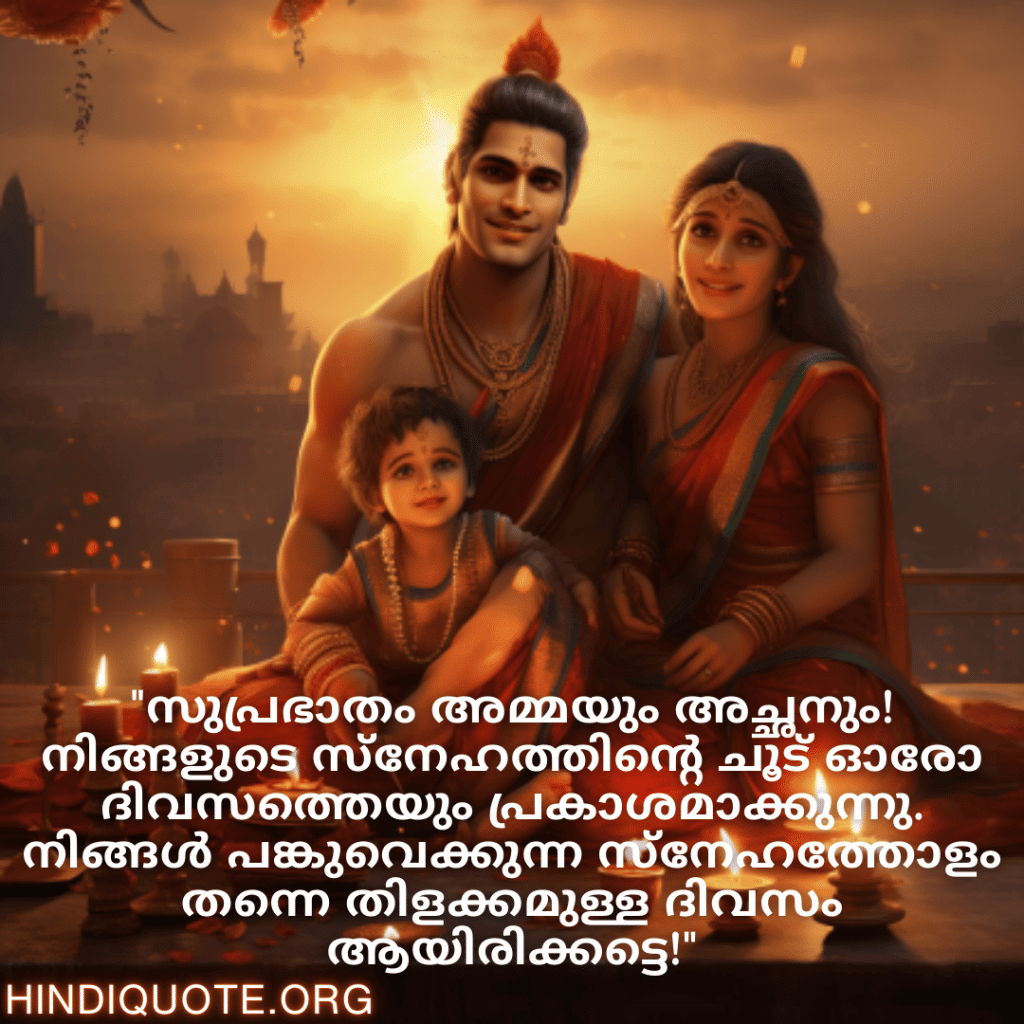 Good morning Wishes In Malayalam For Your Parents "സുപ്രഭാതം അമ്മയും അച്ഛനും! നിങ്ങളുടെ സ്‌നേഹത്തിന്റെ ചൂട് ഓരോ ദിവസത്തെയും പ്രകാശമാക്കുന്നു. നിങ്ങൾ പങ്കുവെക്കുന്ന സ്‌നേഹത്തോളം തന്നെ തിളക്കമുള്ള ദിവസം ആയിരിക്കട്ടെ!"