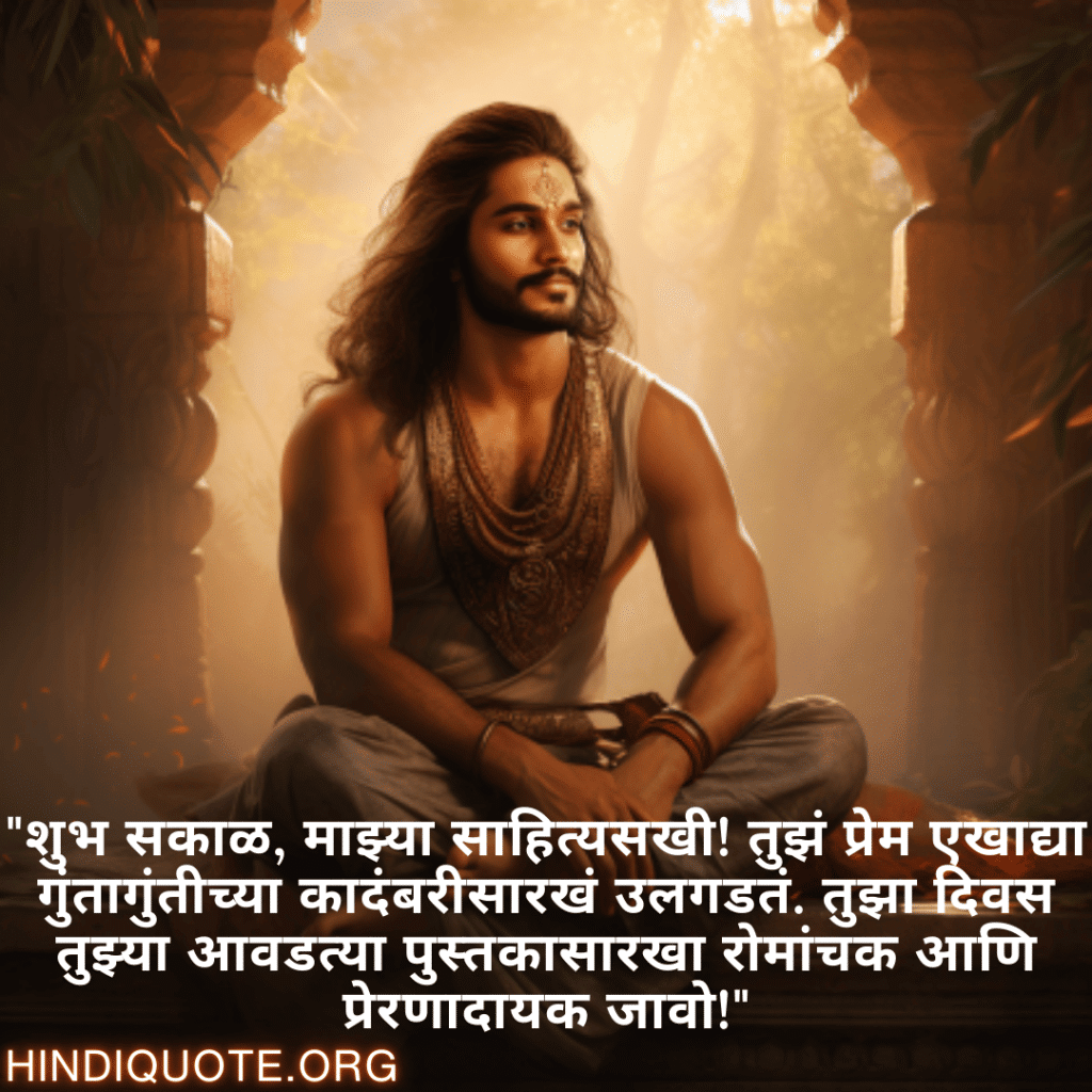 Good morning Quotes In Marathi For Your Boyfriend "शुभ सकाळ, माझ्या साहित्यसखी! तुझं प्रेम एखाद्या गुंतागुंतीच्या कादंबरीसारखं उलगडतं. तुझा दिवस तुझ्या आवडत्या पुस्तकासारखा रोमांचक आणि प्रेरणादायक जावो!"