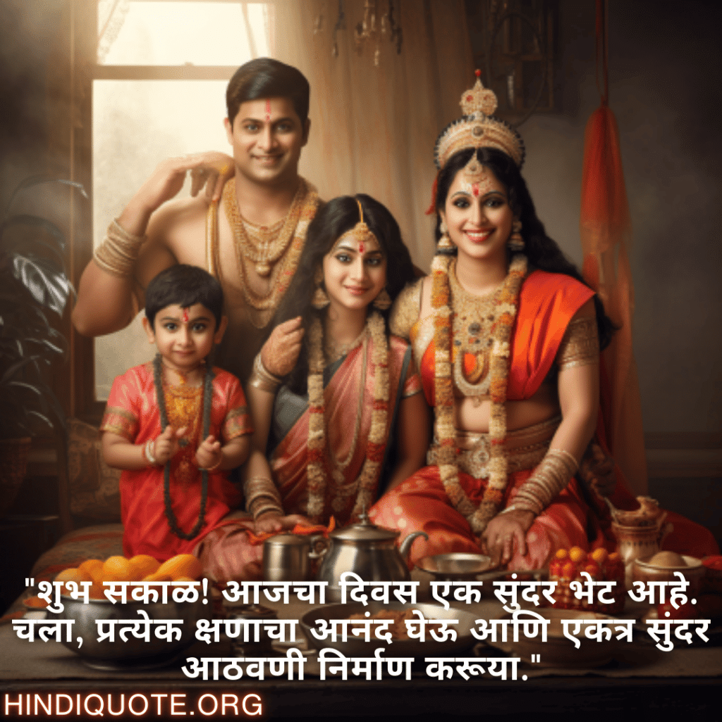 Good morning Quotes In Marathi For Family "शुभ सकाळ! आजचा दिवस एक सुंदर भेट आहे. चला, प्रत्येक क्षणाचा आनंद घेऊ आणि एकत्र सुंदर आठवणी निर्माण करूया."